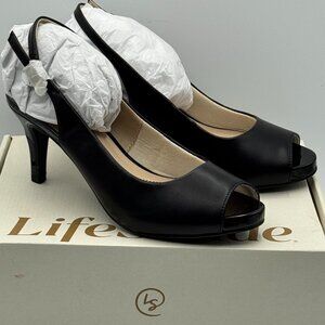 LifeStride Teller Silky Black Peep Toe Slingback 2.5" High Heels 8 M NWB
